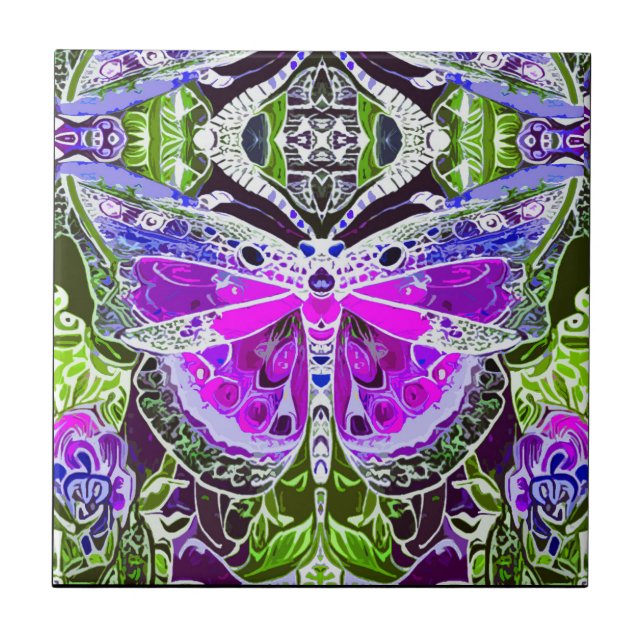 Azulejo Patrón de batik de mariposa y medallón en violeta (Frente)