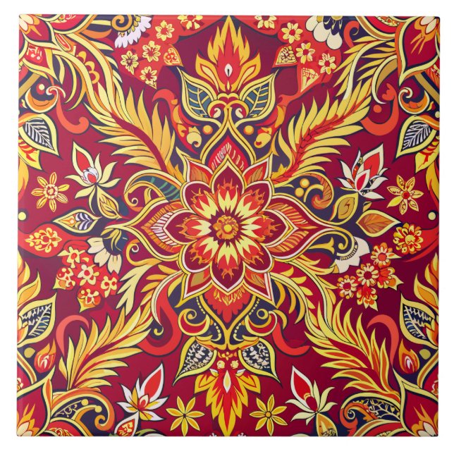 Azulejo Patrón de Batik Rojo Impresión floral Étnica Tradi (Frente)