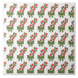 Azulejo Patrón de bayas de acebo de Navidad y lazo verde