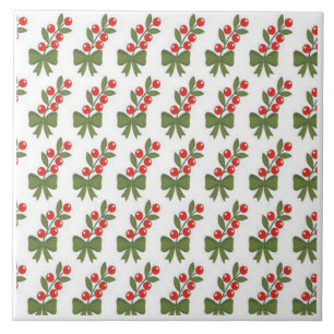 Azulejo Patrón de bayas de acebo de Navidad y lazo verde