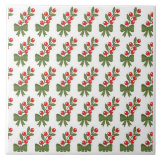 Azulejo Patrón de bayas de acebo de Navidad y lazo verde