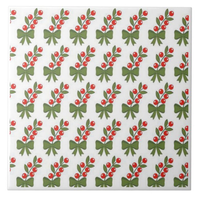 Azulejo Patrón de bayas de acebo de Navidad y lazo verde (Frente)