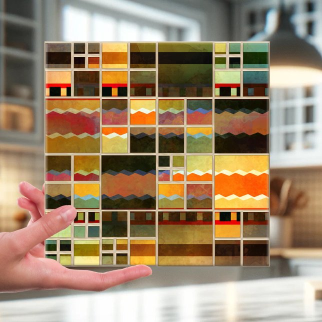 Azulejo Patrón de Bella Artes geométrico Cubierta de baño  (Tile featuring a geometric checkered mosaic pattern in vibrant colors. Inspired by leaded glass)