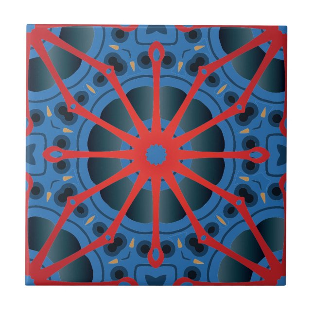 Azulejo Patrón de boho étnico rojo escarlata y azul índigo (Frente)