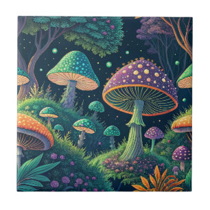 Azulejo Patrón de bosque de hongos mágico y colorido de fa