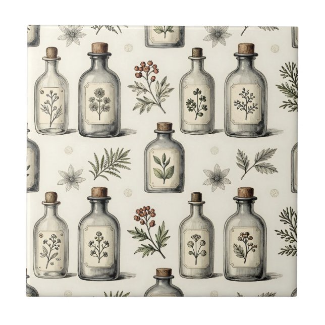 Azulejo Patrón de botellas de hierbas de antigua botica (Frente)