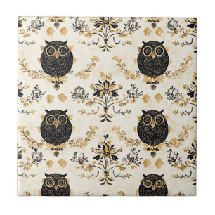 Azulejo Patrón de búho beige vintage de la naturaleza
