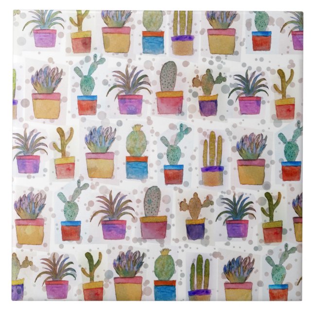 Azulejo Patrón de cactus de pintura de mano de acuarela (Frente)