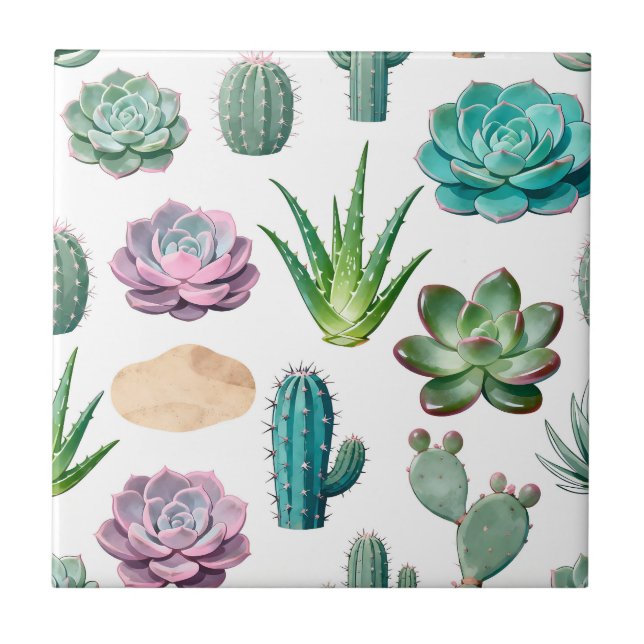 Azulejo Patrón de Cactus Suculento Acuarela (Frente)