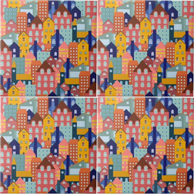 Azulejo Patrón de casas de ciudad de manzana de barrio (Neighborhood Block City Houses Pattern Ceramic Tile)