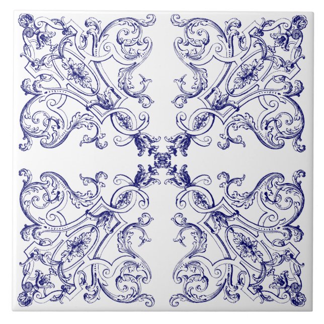 Azulejo Patrón de cascos rococó azul y blanco (Frente)