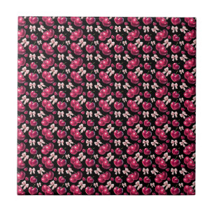 Azulejo Patrón de cereza coquette con lazo rosa Estética