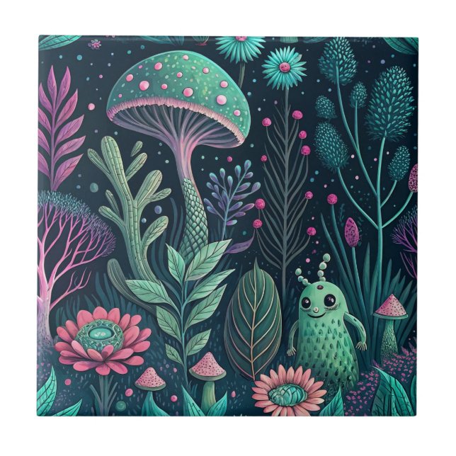 Azulejo Patrón de ciencia ficción de bosque neón de hongo  (Frente)