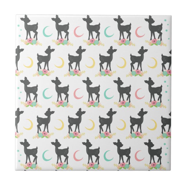 Azulejo Patrón de ciervos, venado bebé, boho, flores, luna (Frente)