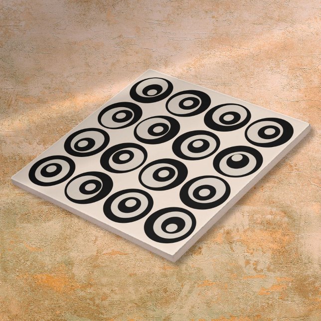 Azulejo Patrón de círculos modernos de mediados de siglo e (Modern Mid Century Black And Cream Circles Pattern Ceramic Tile)