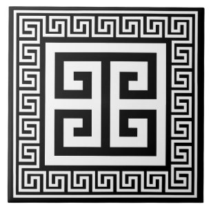 Azulejo Patrón de clave griega blanco en diseño negro