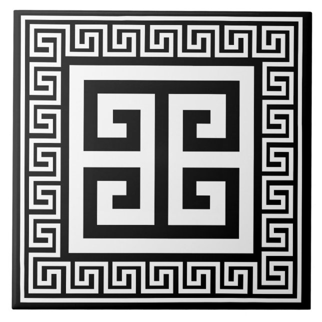 Azulejo Patrón de clave griega blanco en diseño negro (Frente)