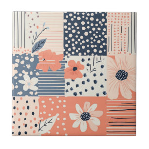 Azulejo Patrón de colcha de patchwork floral Navy Coral