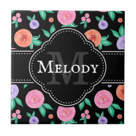 Azulejo Patrón de color de agua rosa/púrpura en negro