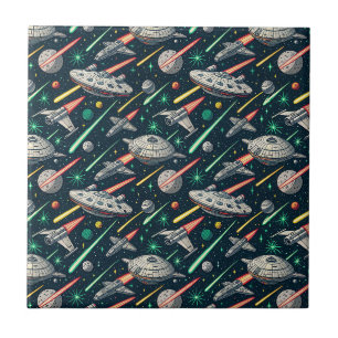 Azulejo Patrón de cómic de batalla espacial de nave espaci