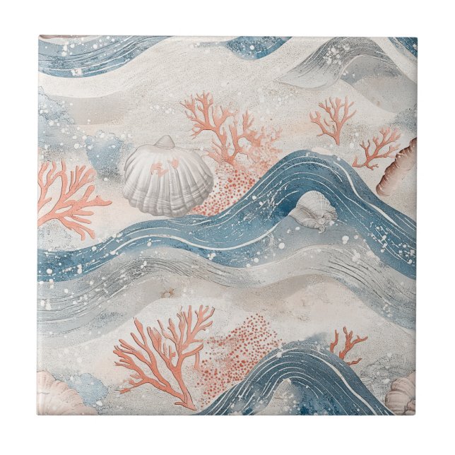 Azulejo Patrón de concha de coral de agua tropical (Frente)