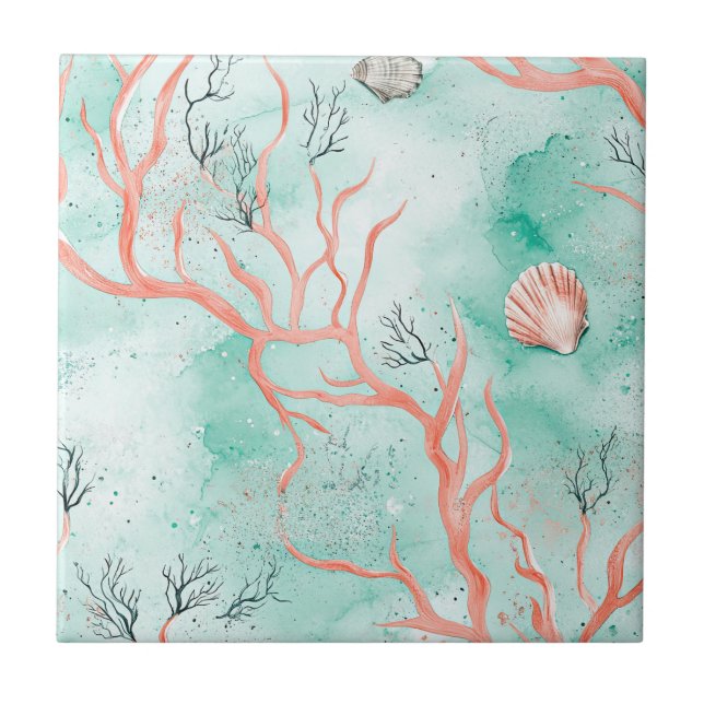 Azulejo Patrón de conchas marinas costeras boho (Frente)