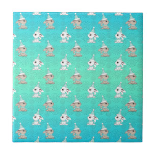 Azulejo Patrón de conejitos de nieve con sombreros y bufan