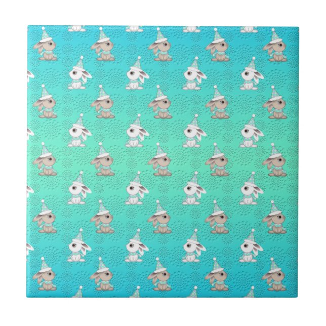 Azulejo Patrón de conejitos de nieve con sombreros y bufan (Frente)