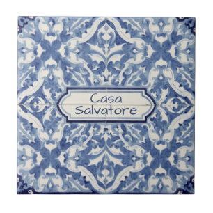 Azulejo Patrón de copo de nieve azul y blanco con nombre p
