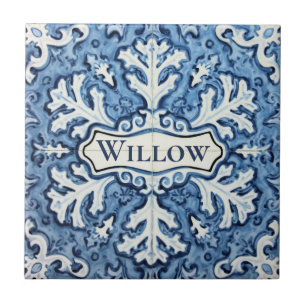 Azulejo Patrón de copo de nieve azul y blanco con nombre p
