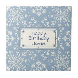 Azulejo Patrón de copo de nieve azul y blanco con nombre p