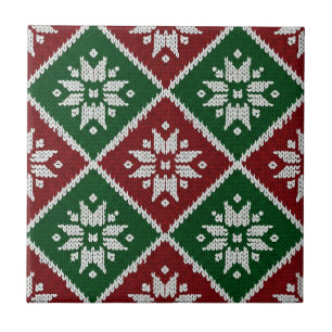 Azulejo Patrón de copo de nieve navideño nórdico verde roj