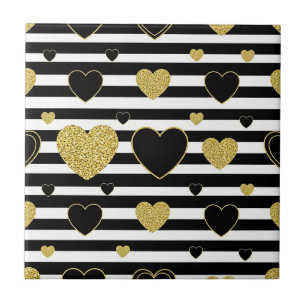 Azulejo Patrón de corazón dorado con franja negra minimali