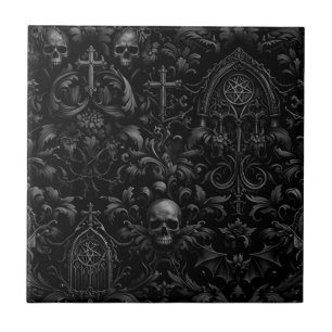 Azulejo Patrón de cráneo barroco gótico en negro