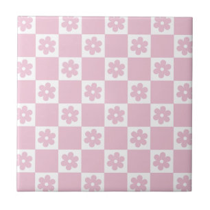Azulejo Patrón de cuadros con flores rosadas