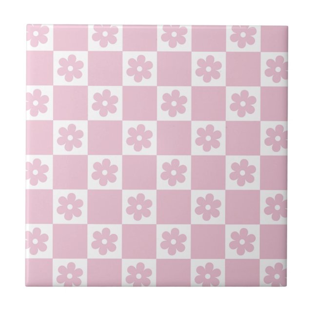 Azulejo Patrón de cuadros con flores rosadas (Frente)