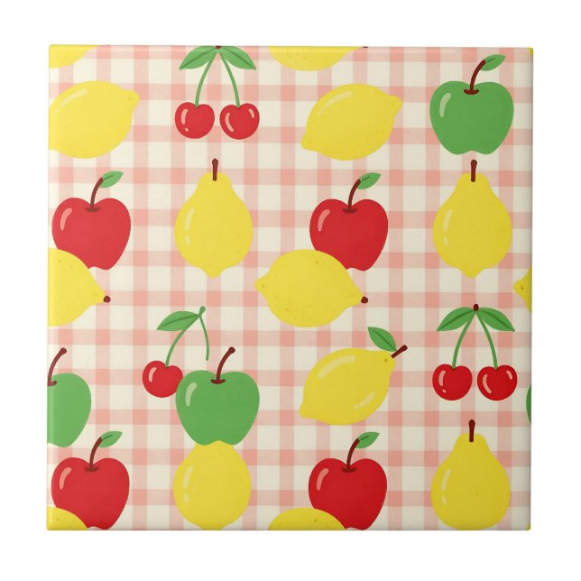 Azulejo Patrón de cuadros con frutas lindas (Frente)