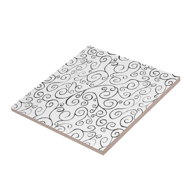 Azulejo Patrón de curvado negro pintado a mano sobre blanc (Lado)