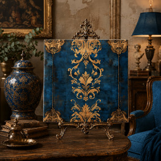Azulejo Patrón de Damasco Barroco Afligido Azul Oro