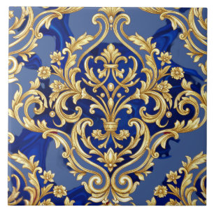 Azulejo Patrón de Damasco Barroco Azul Real y Dorado