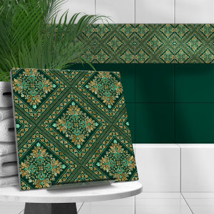 Azulejo Patrón de Damasco de época - Verde de esmeralda y 