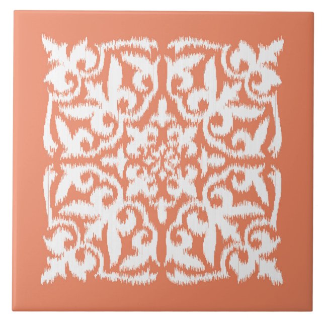 Azulejo Patrón de damasco de Ikat - naranja de coral y bla (Frente)