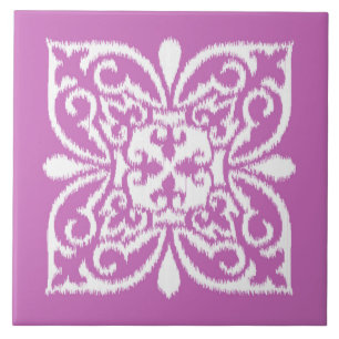 Azulejo Patrón de damasco de Ikat - orquídea y blanco