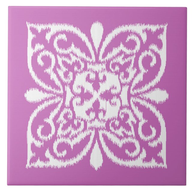 Azulejo Patrón de damasco de Ikat - orquídea y blanco (Frente)