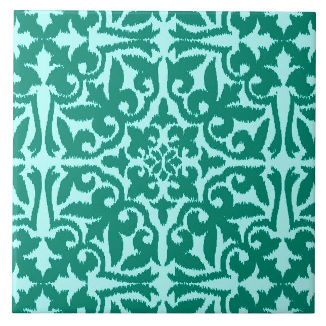 Azulejo Patrón de damasco de Ikat - Turquesa y Aqua (Frente)