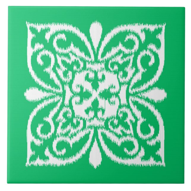 Azulejo Patrón de damasco de Ikat - verde jade y blanco (Frente)