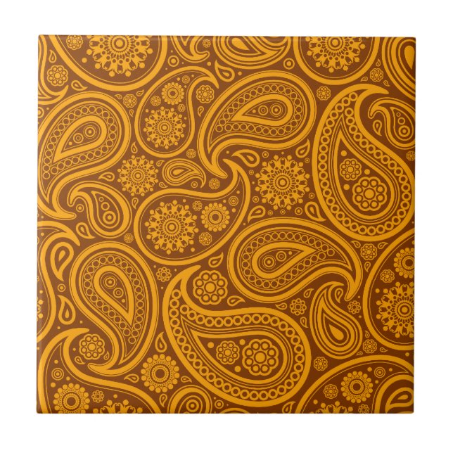 Azulejo Patrón de Damasco de Paisley marrón y Naranja (Frente)