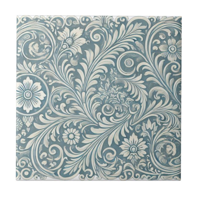 Azulejo Patrón de Damasco en azul y marfil blandos (Frente)