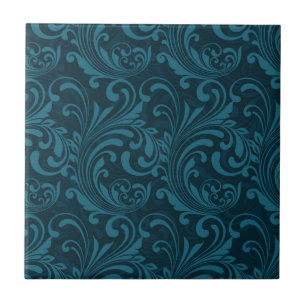 Azulejo Patrón de damasco floral azul verdoso oscuro