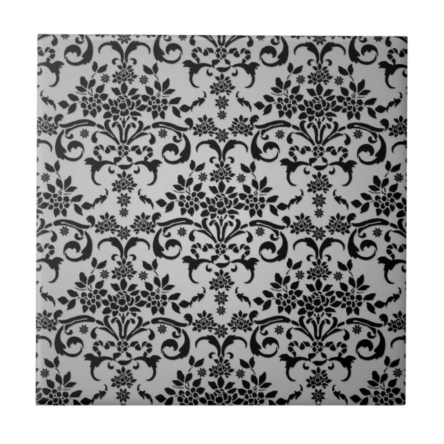 Azulejo Patrón de Damasco Floral blanco negro y silencioso (Frente)
